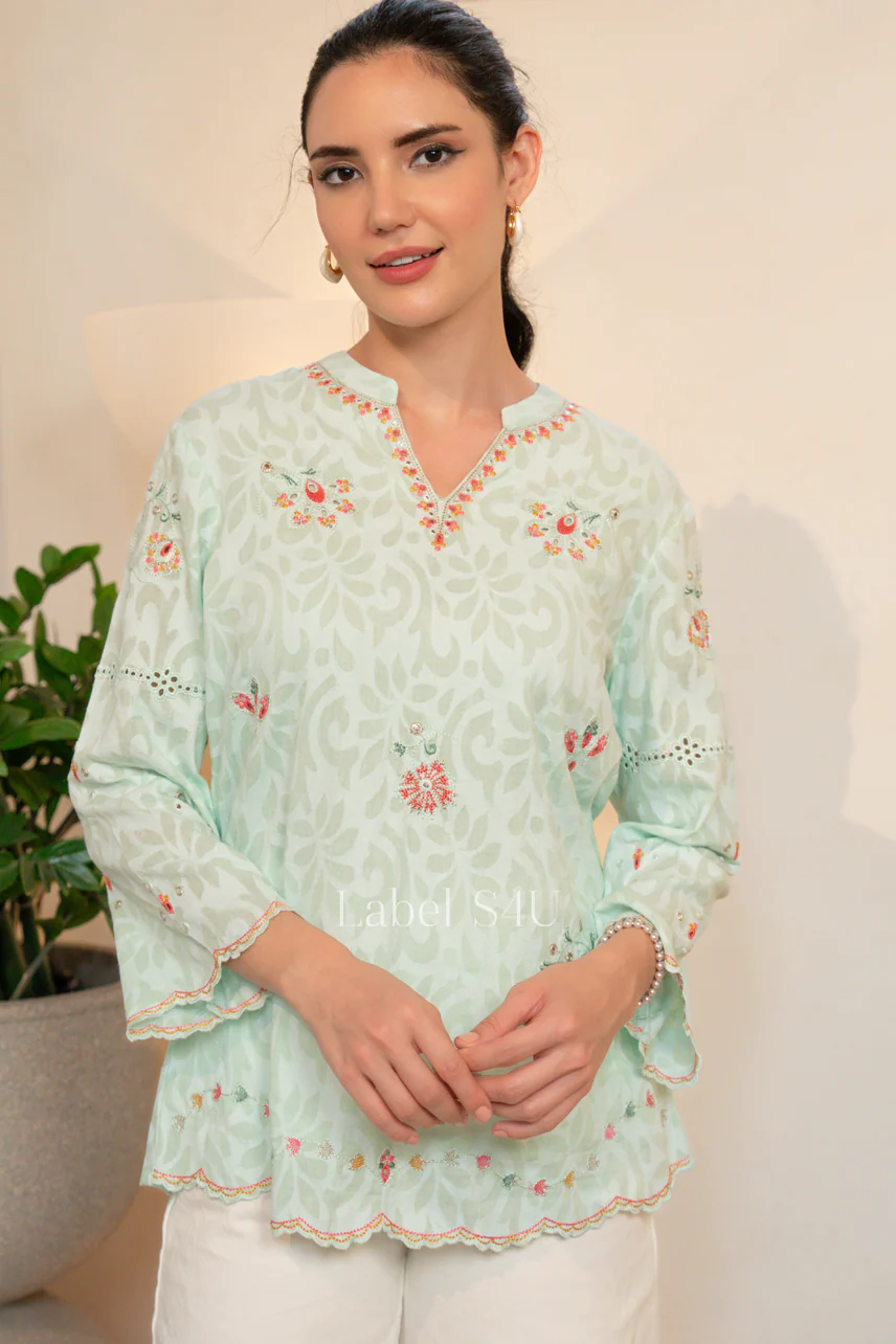 Aqua Floral Embroidered Shirt - Image 3