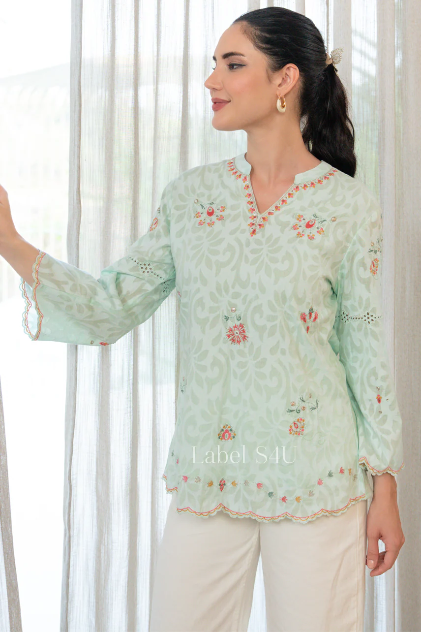 Aqua Floral Embroidered Shirt - Image 4