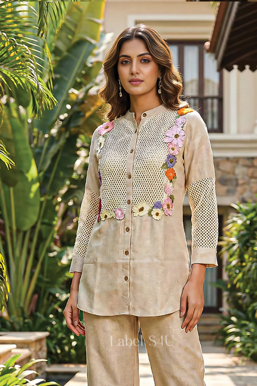 Beige Floral Embroidered-Co-ord Set - Image 2