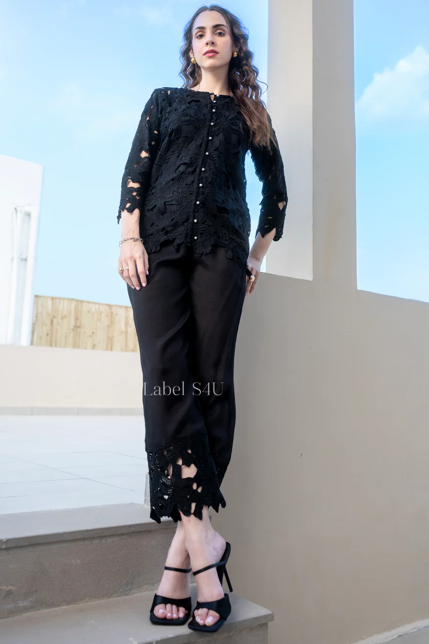 Black Embroidered Lace Co-ord Set