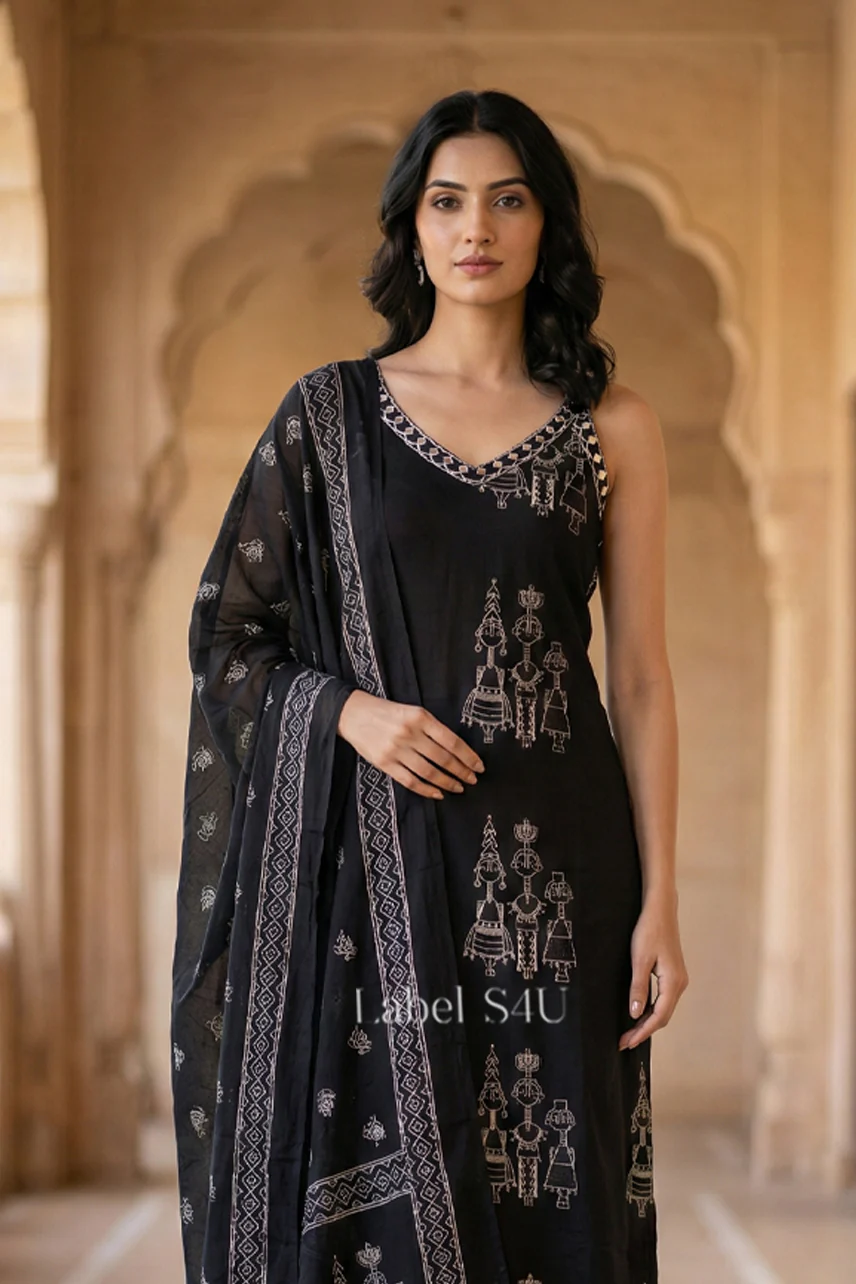 Black Sleveless Printed-Suit Set - Image 2