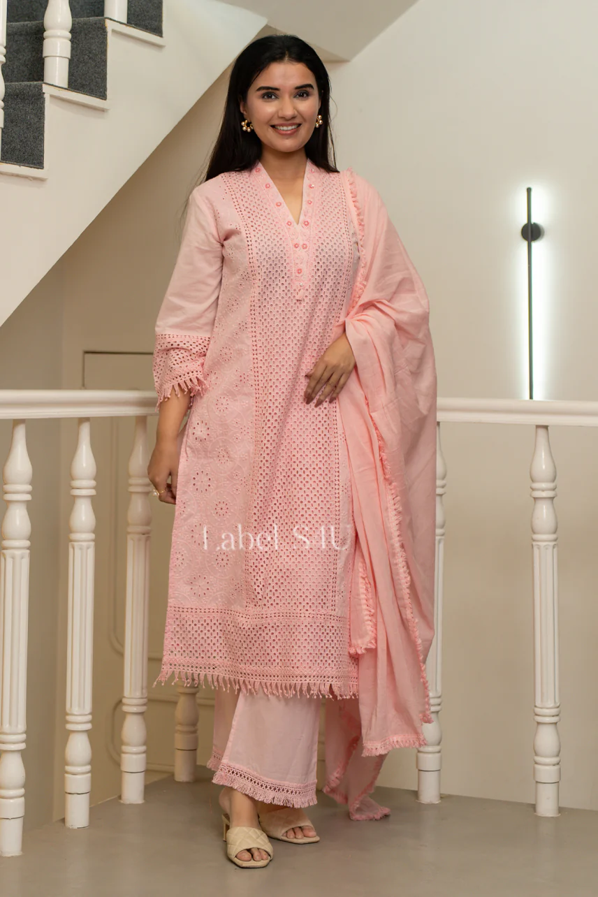 Blush Pink Cut-work Suit Set - Image 3
