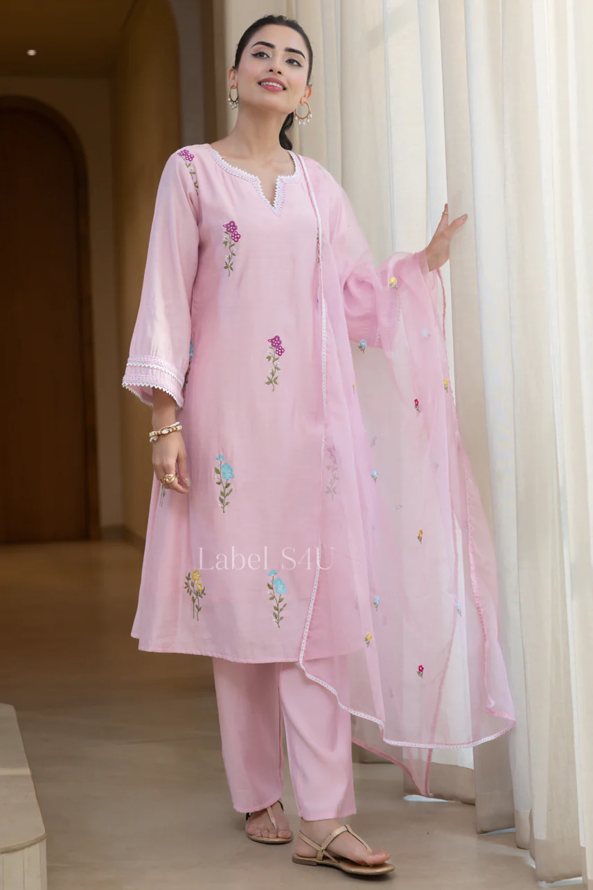 Candy Pink Cotton A-Line Suit Set - Image 3