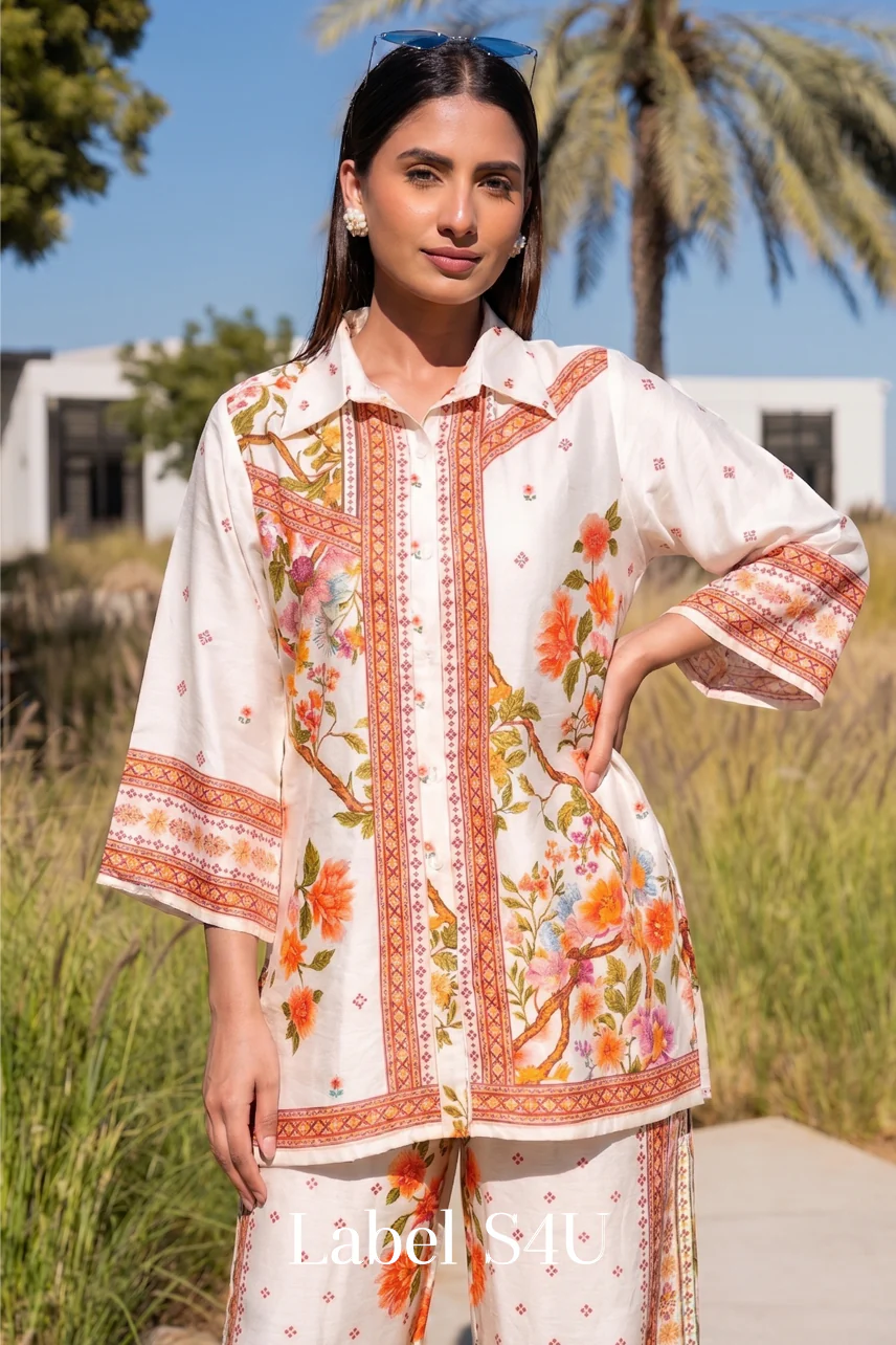 Cream Coral Printed-Co-ord Set - Image 2