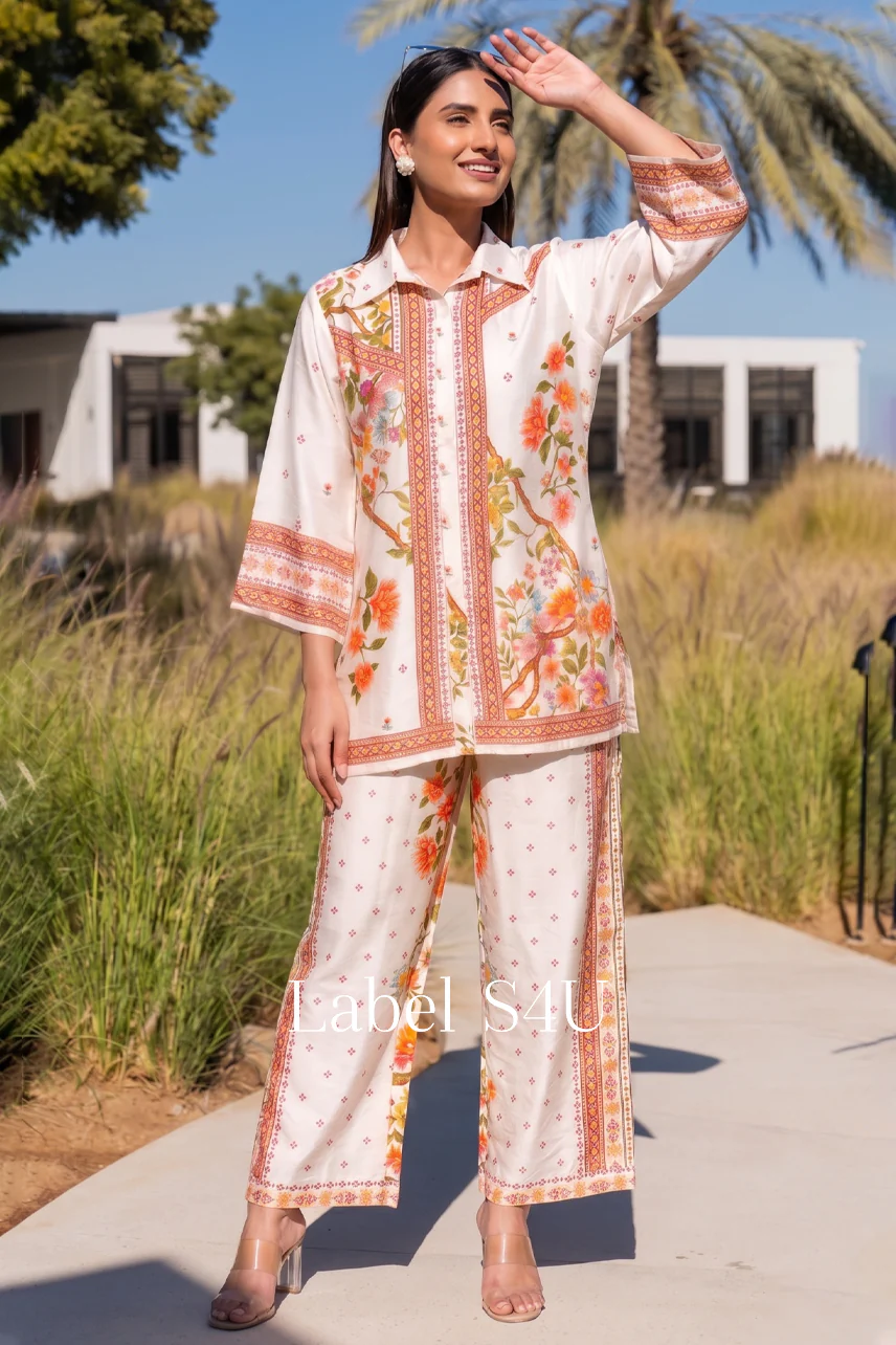 Cream Coral Printed-Co-ord Set - Image 3