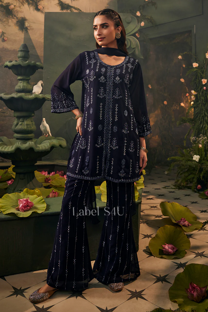 Elan Navy Handwork-Palazzo Set