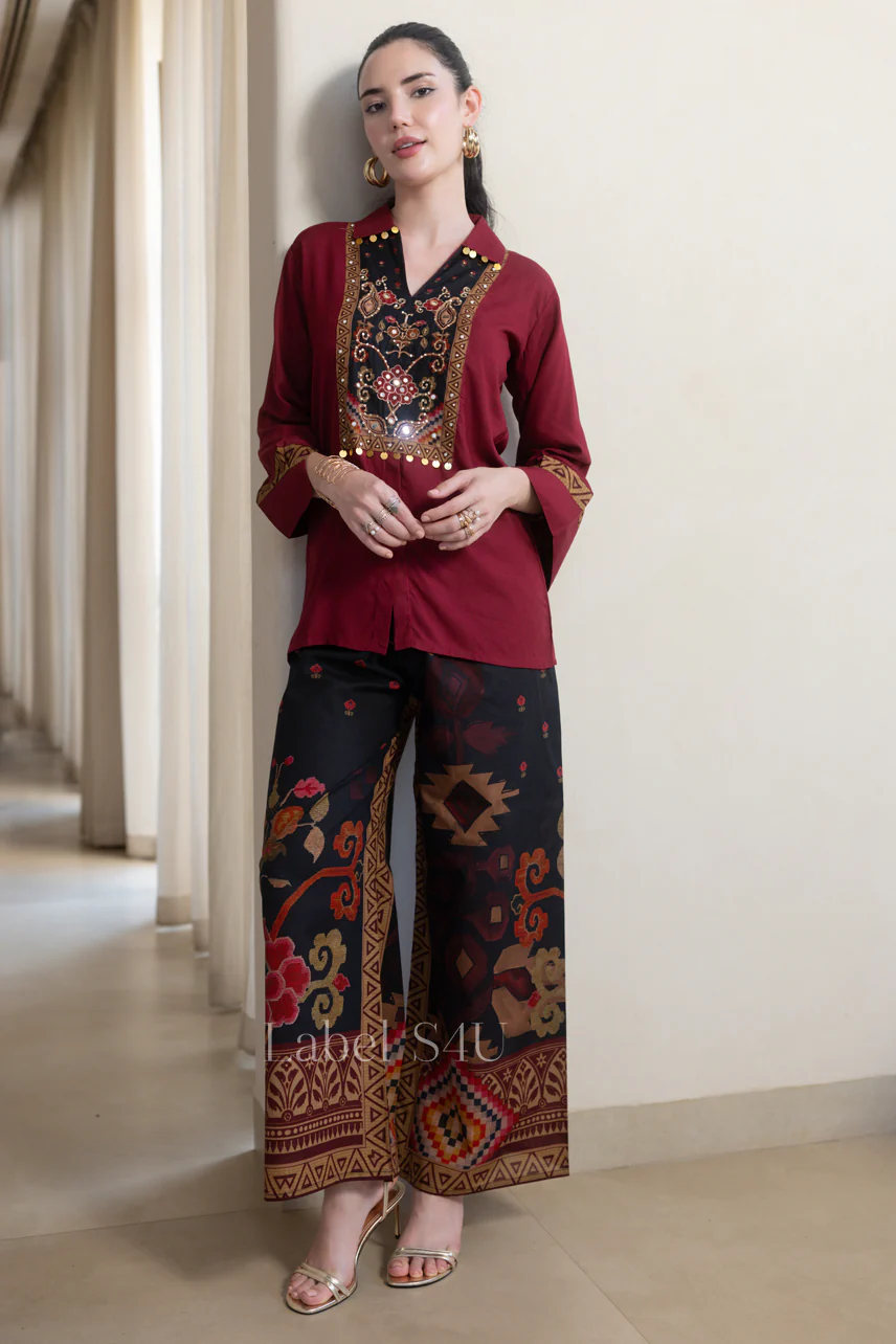 Maroon Rhythm Cotton Co-ord Set