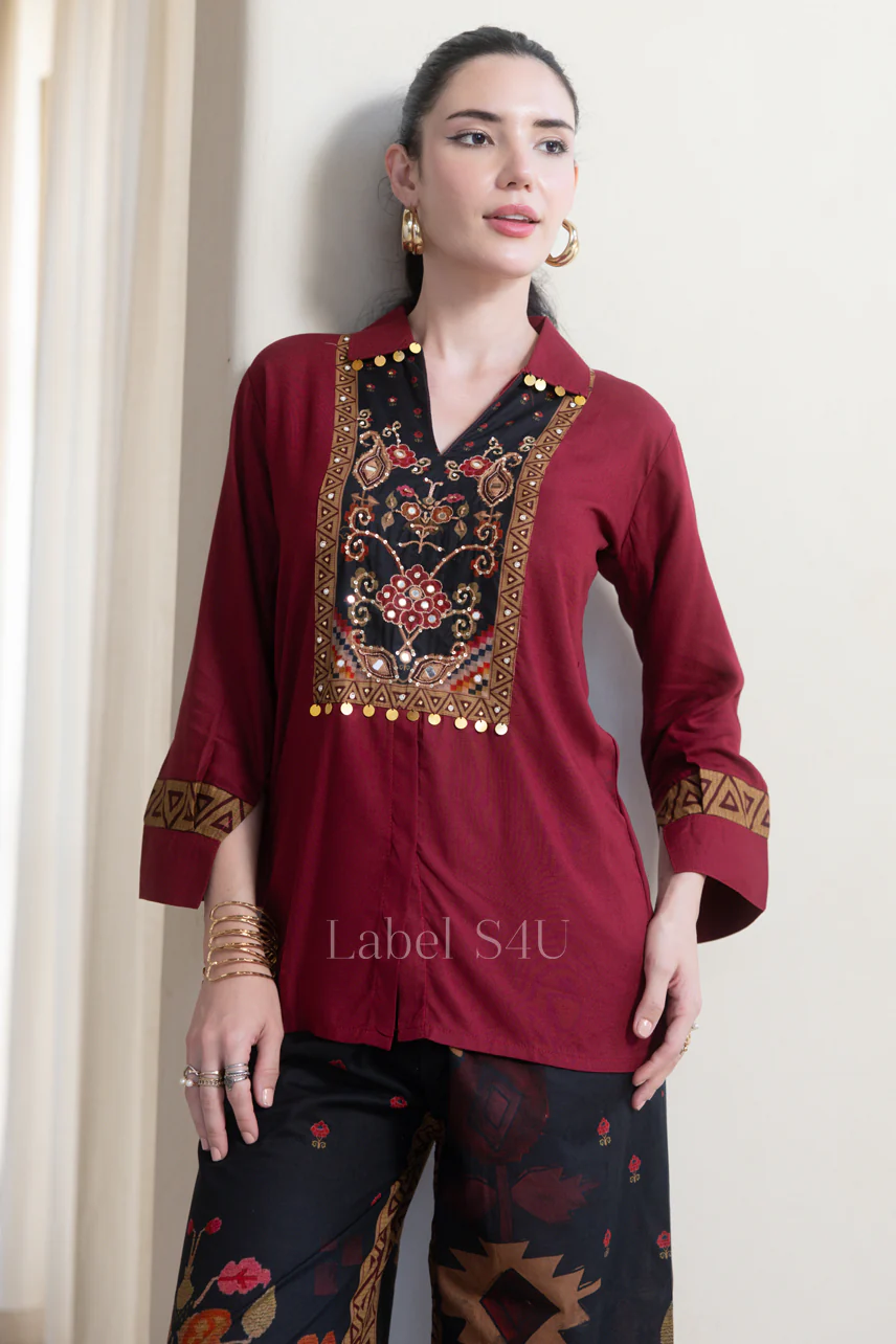 Maroon Rhythm Cotton Co-ord Set - Image 3