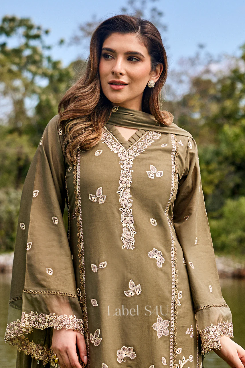 Mehfil-e-Olive Cotton Embroidered Suit Set - Image 5