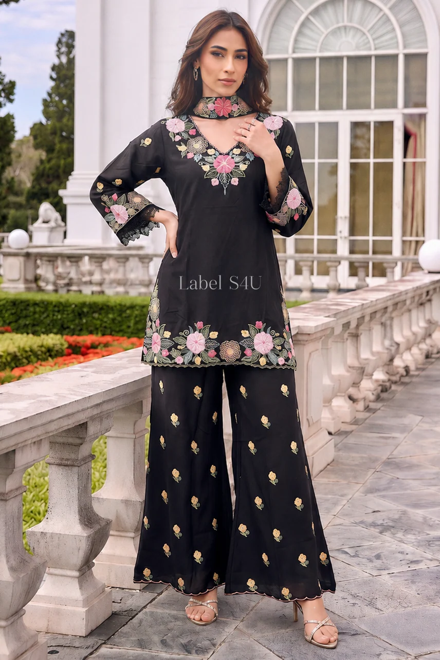 Midnight Bloom Embroidered Palazzo Set