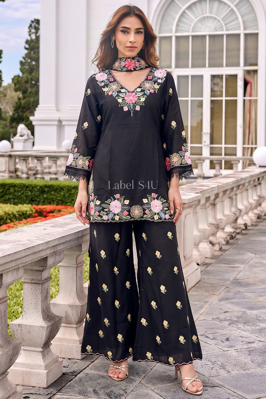Midnight Bloom Embroidered Palazzo Set - Image 3
