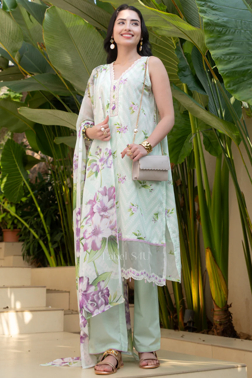 Mint Floral Printed Suit Set - Image 3
