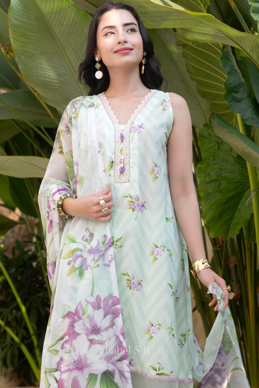 Mint Floral Printed Suit Set - Image 4