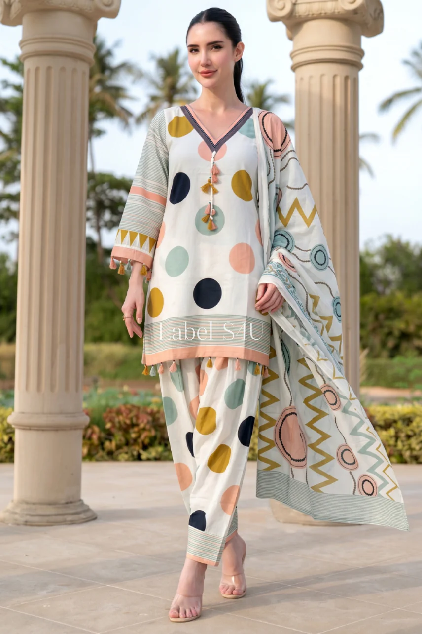Multicolour Polka Dots Farshi Salwar Set - Image 3