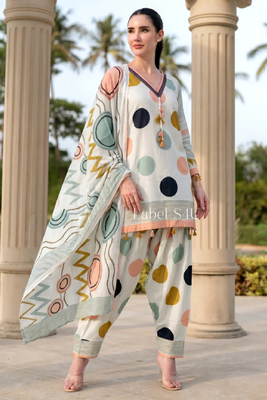 Multicolour Polka Dots Farshi Salwar Set - Image 4