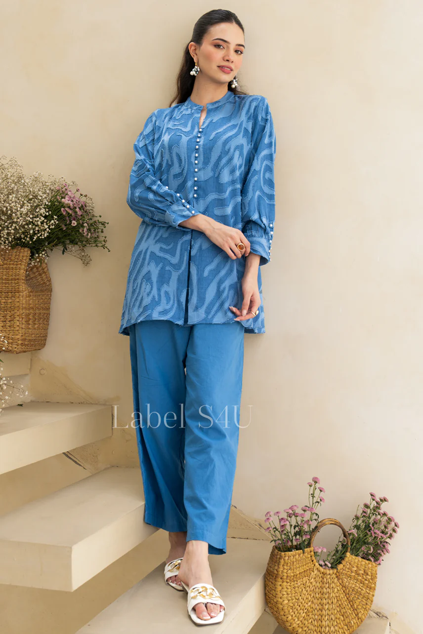 Ocean Blue Abstract Cotton Co-Ord Set - Image 3