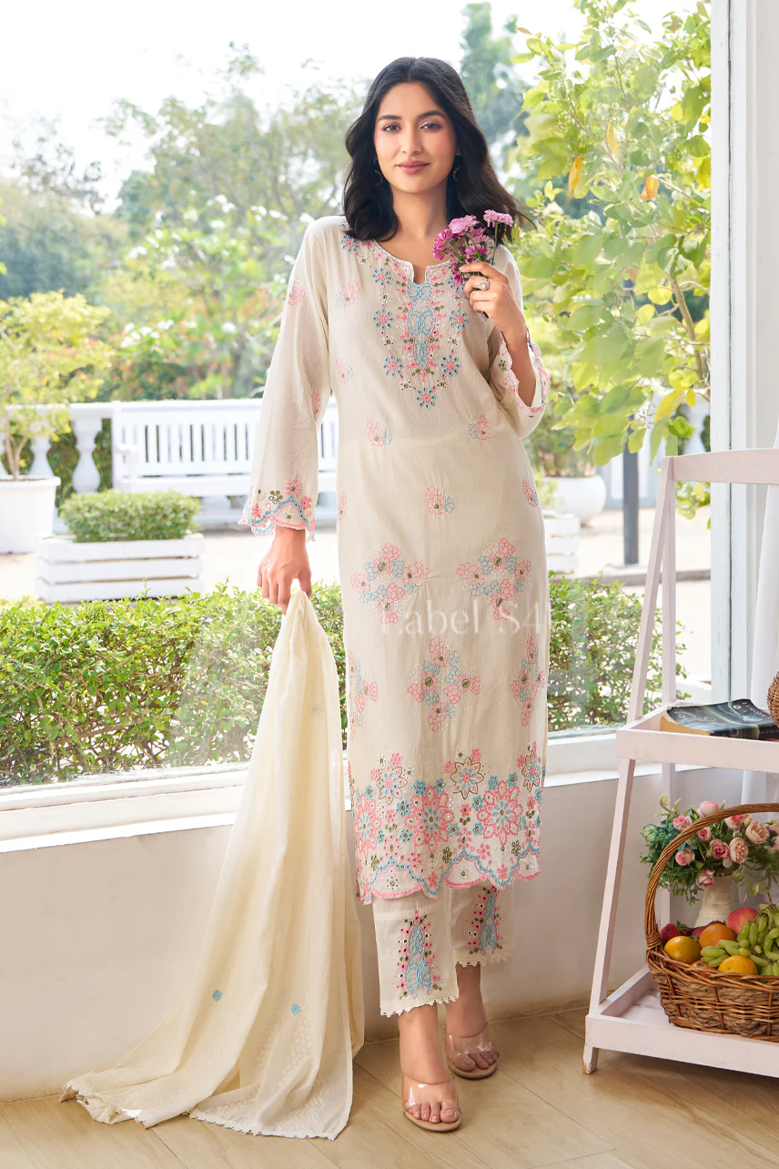 Off White Embroidered-Suit Set