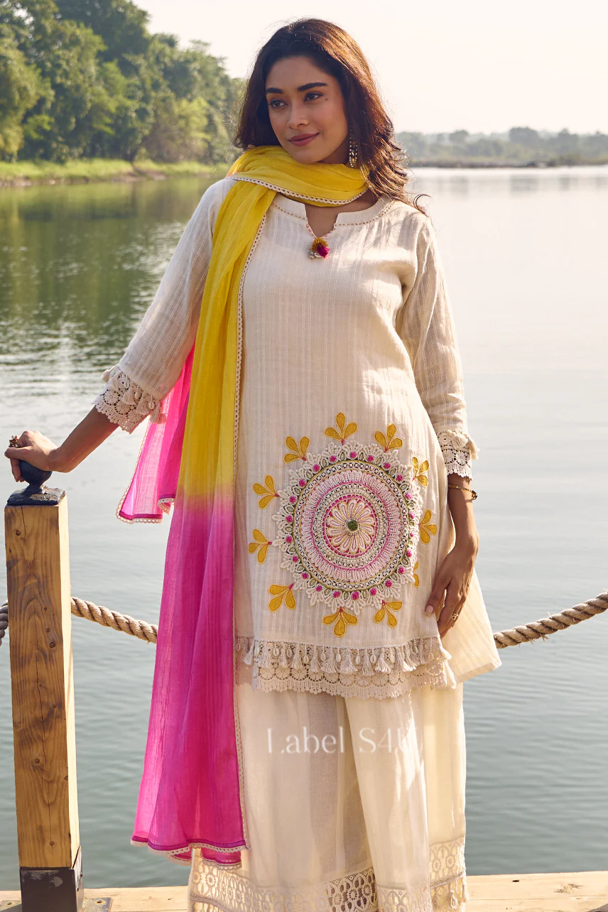 Off-White Phoolkari Motif-Sharara Set - Image 3