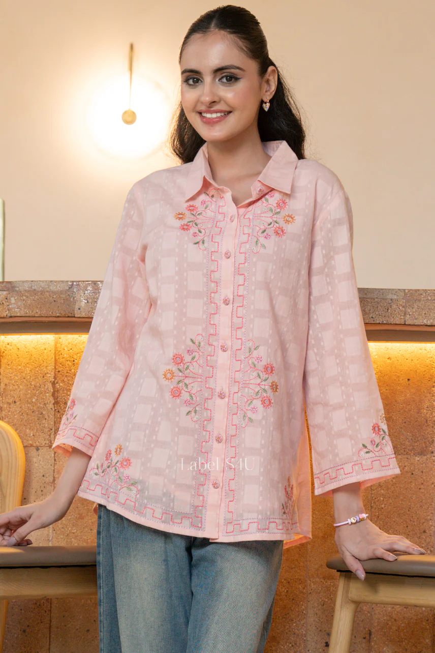 Pink Floral Embroidered Cotton Shirt - Image 2