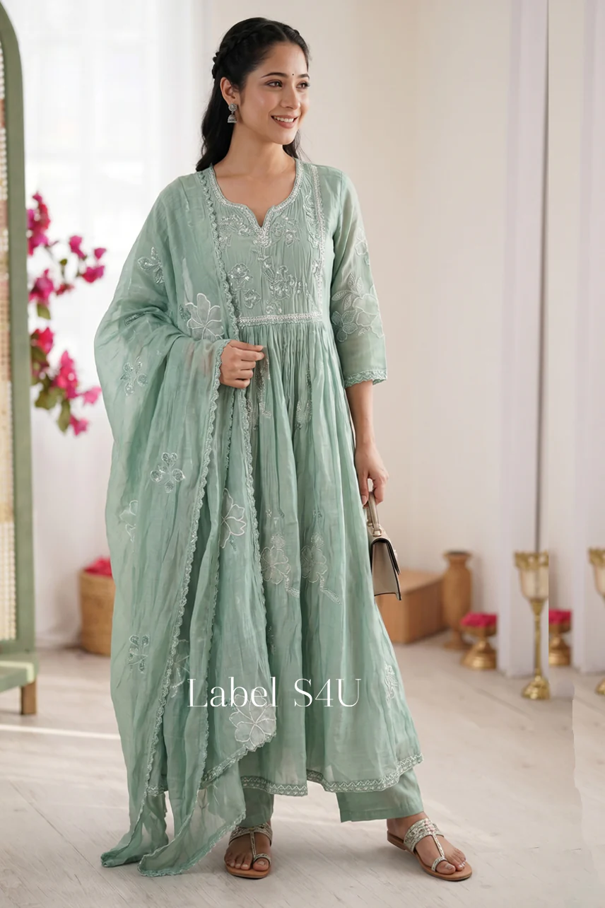 Pista Floral Glow Anarkali Set