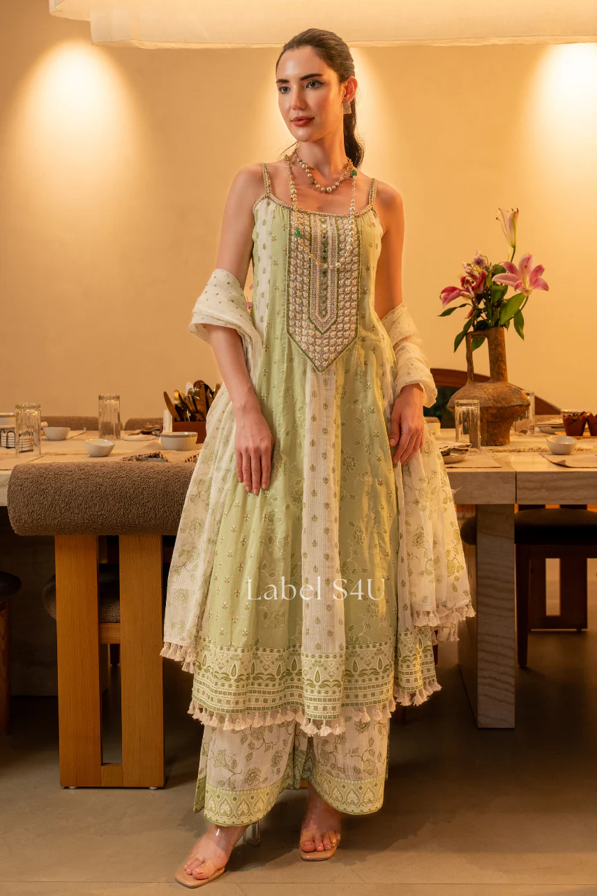 Pistachio Bloom Cotton Anarkali Set