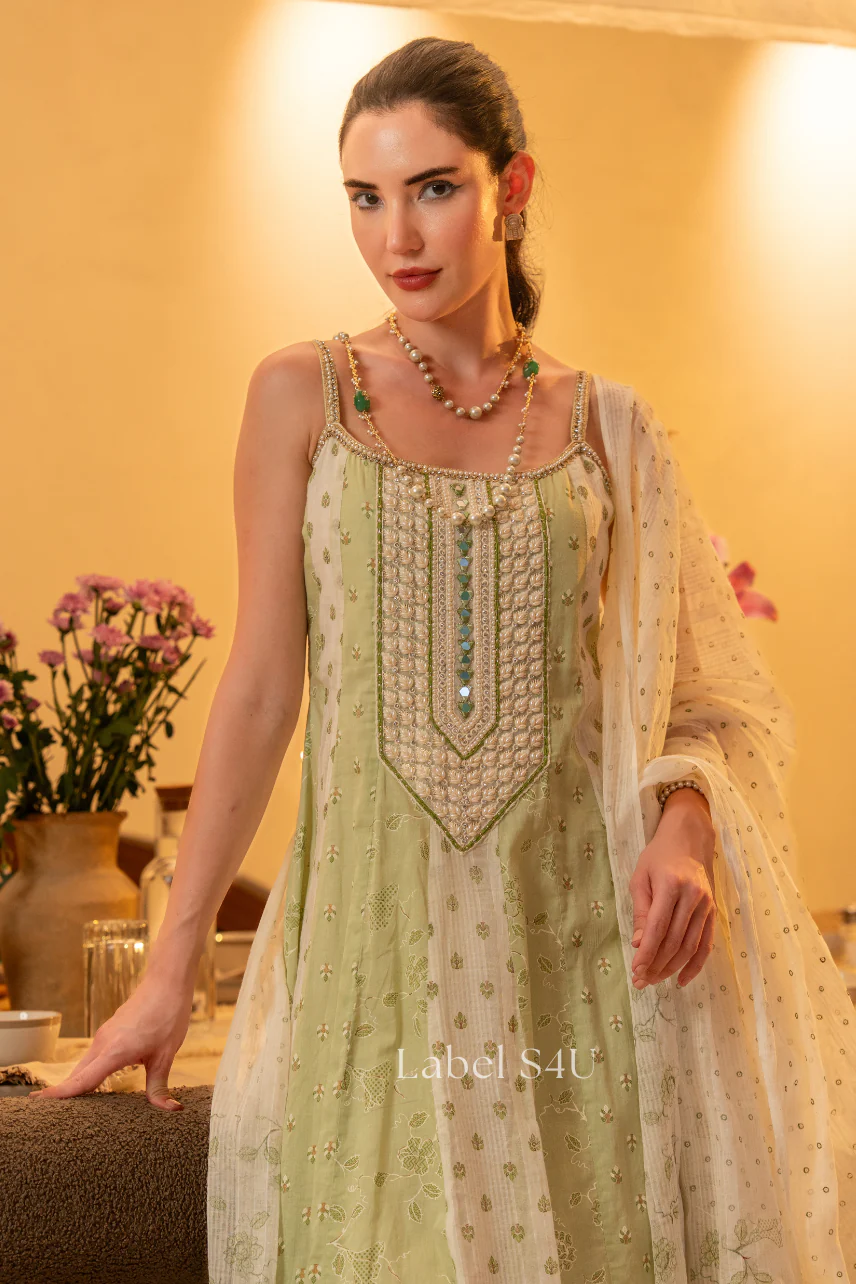 Pistachio Bloom Cotton Anarkali Set - Image 3