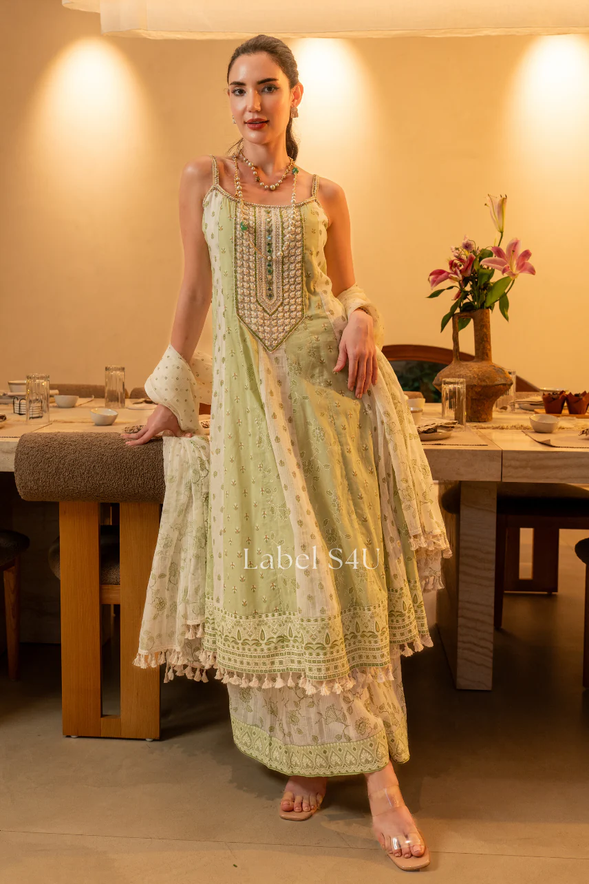 Pistachio Bloom Cotton Anarkali Set - Image 4