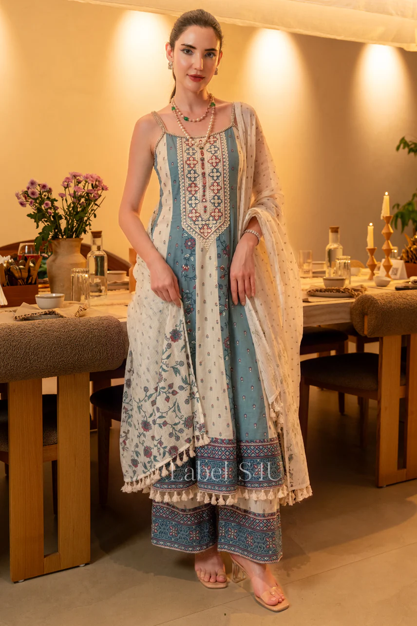 Powder Blue Thread Embellished Anarkali Set