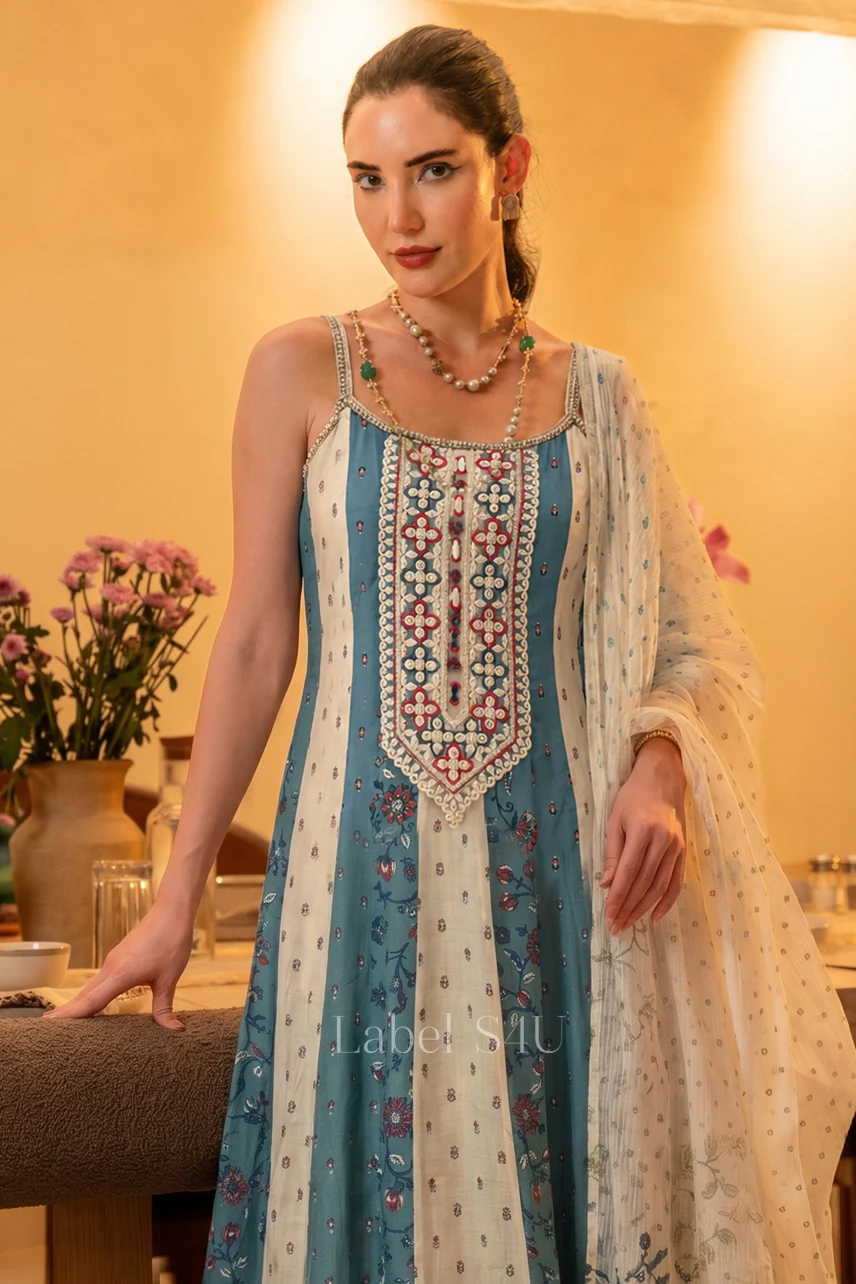 Powder Blue Thread Embellished Anarkali Set - Image 2