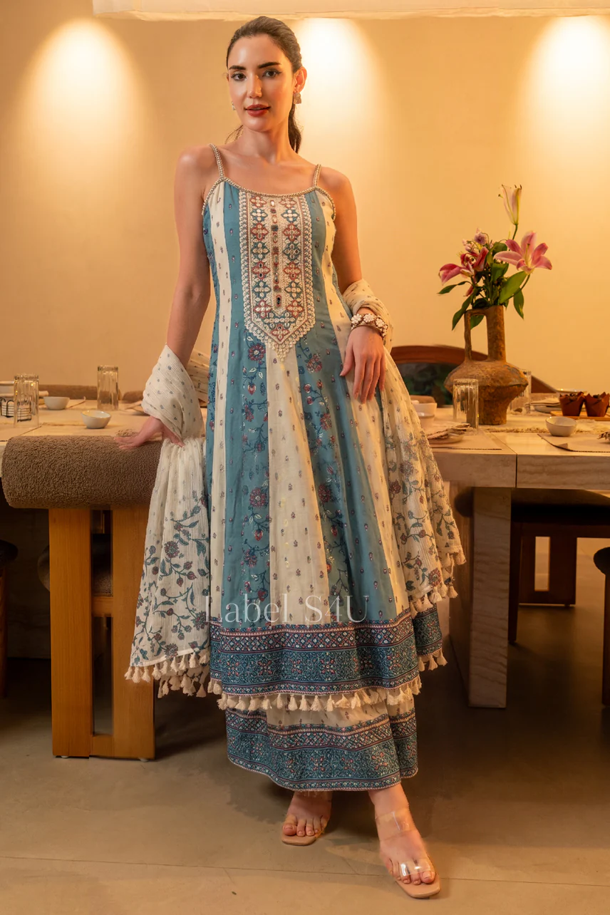 Powder Blue Thread Embellished Anarkali Set - Image 3