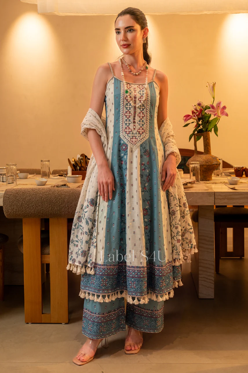 Powder Blue Thread Embellished Anarkali Set - Image 4