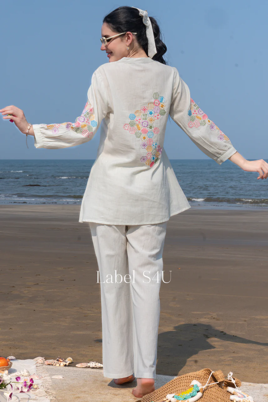 Seaside Bloom Embroidered Cotton Co-ord Set - Image 3