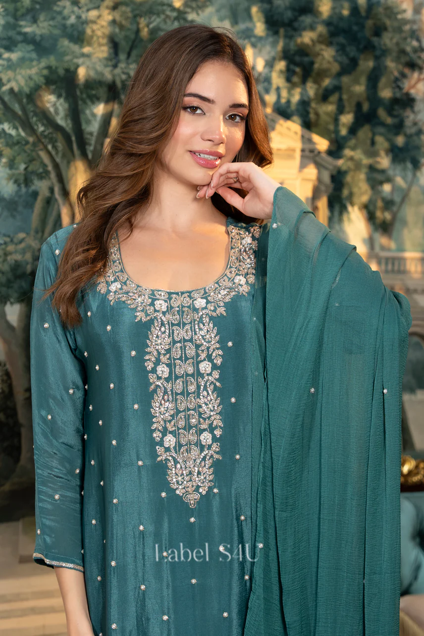 Teal Embroidered-Suit Set - Image 2