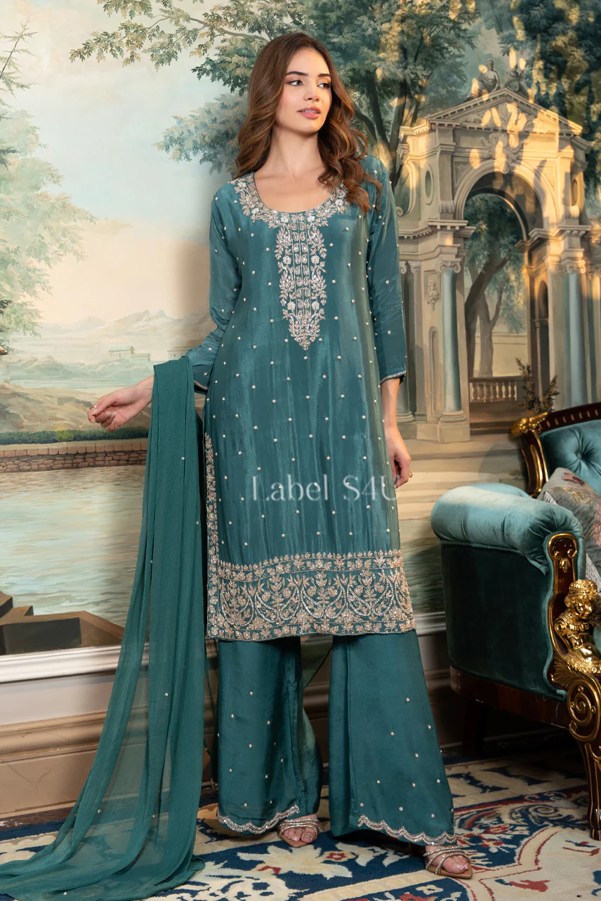 Teal Embroidered-Suit Set - Image 3