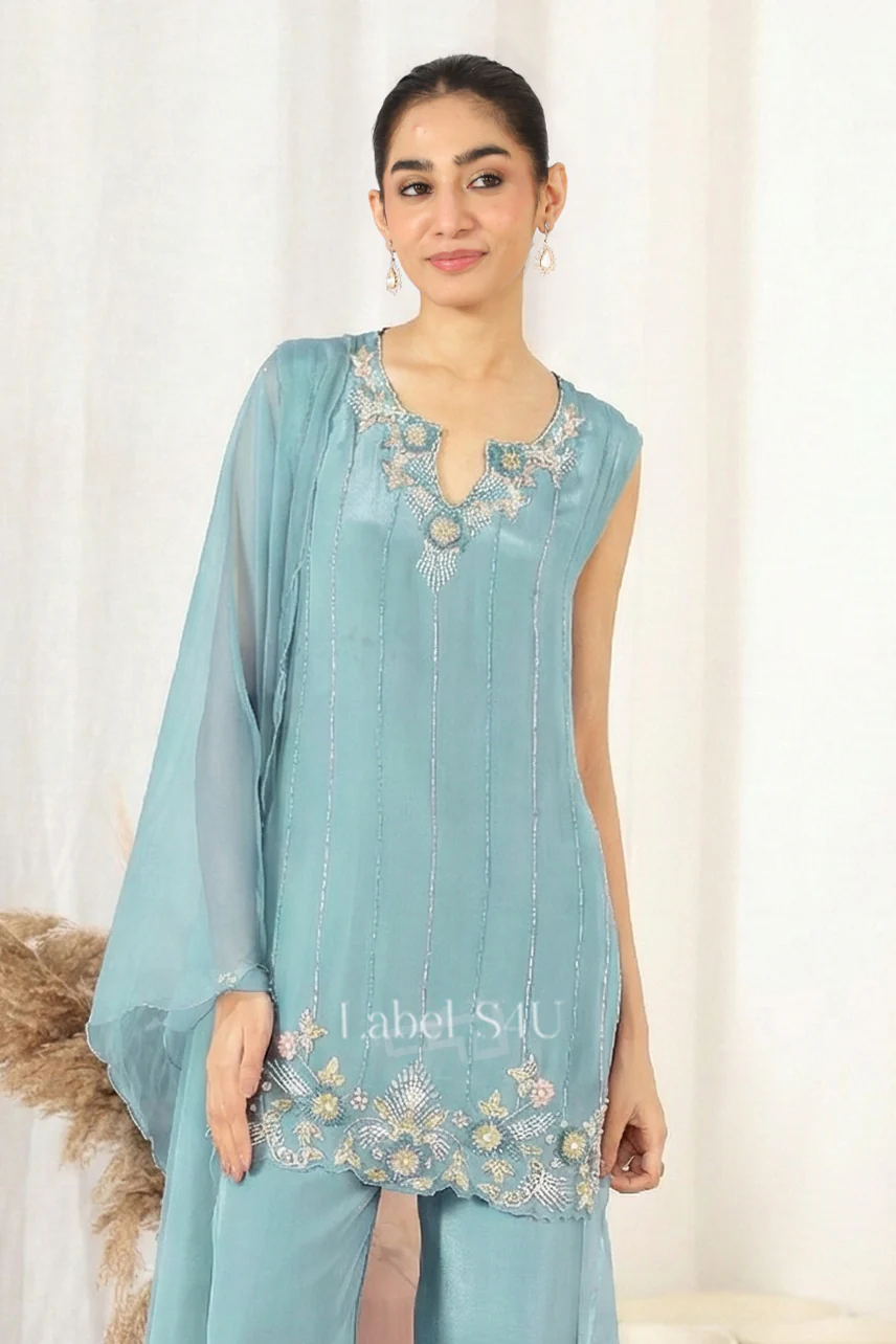 Sky Blue Handwork-Palazzo Set - Image 2
