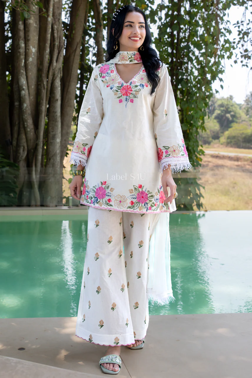 White Floral Embroidered Palazzo Set