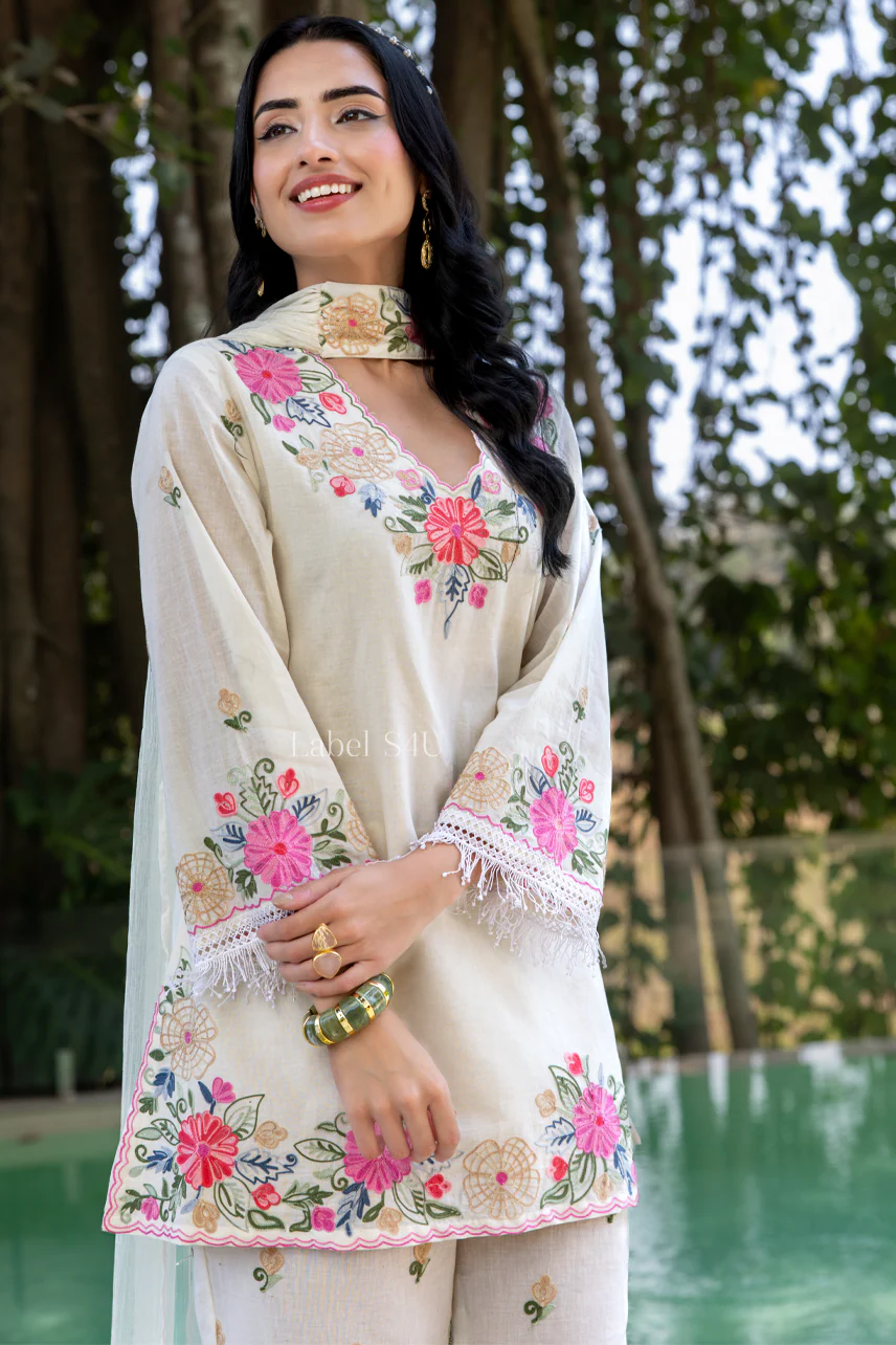 White Floral Embroidered Palazzo Set - Image 2