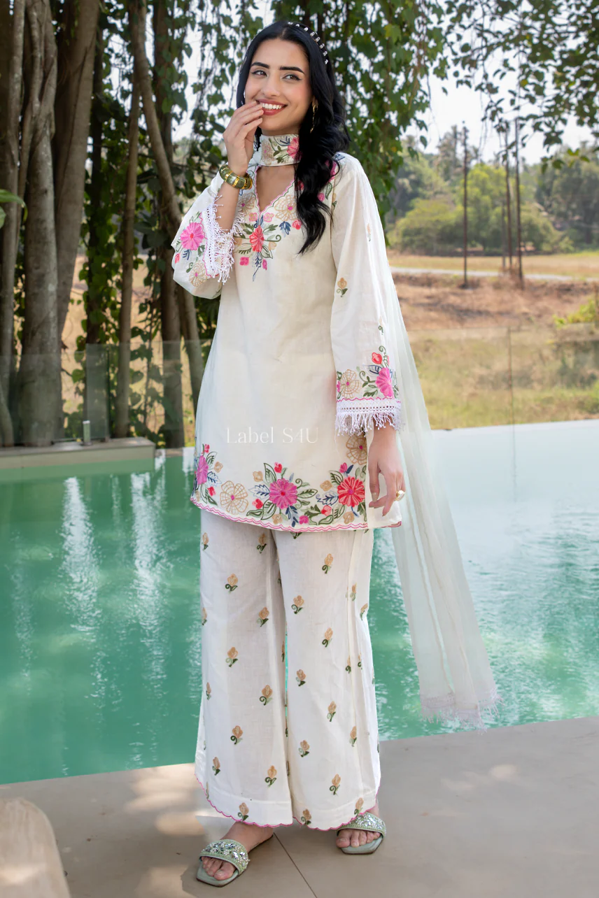 White Floral Embroidered Palazzo Set - Image 3