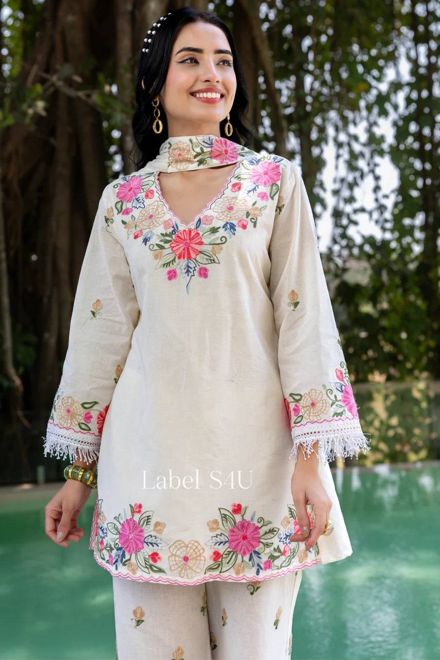 White Floral Embroidered Palazzo Set - Image 4